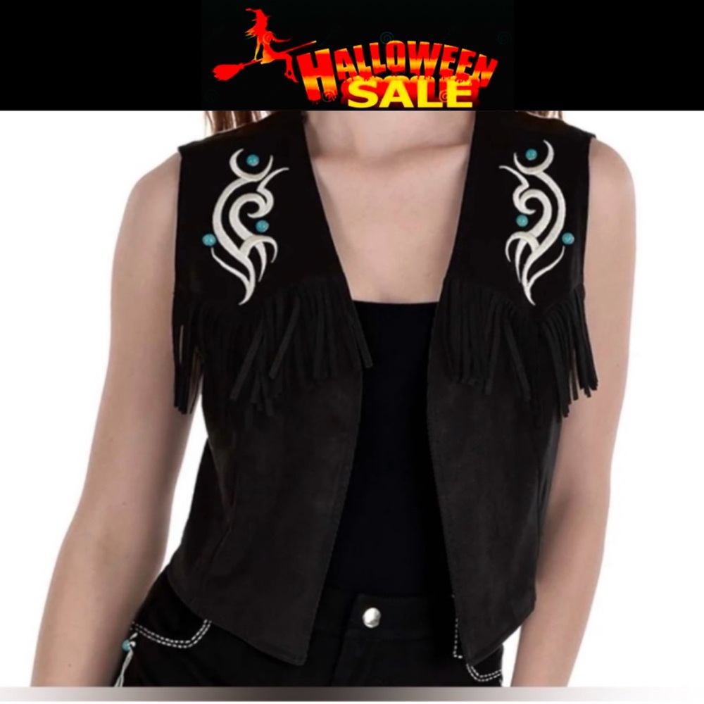 AMSCAN COWGIRL VEST Adult Black Faux Suede with Fringe size S  NWT - Picture 11 of 11